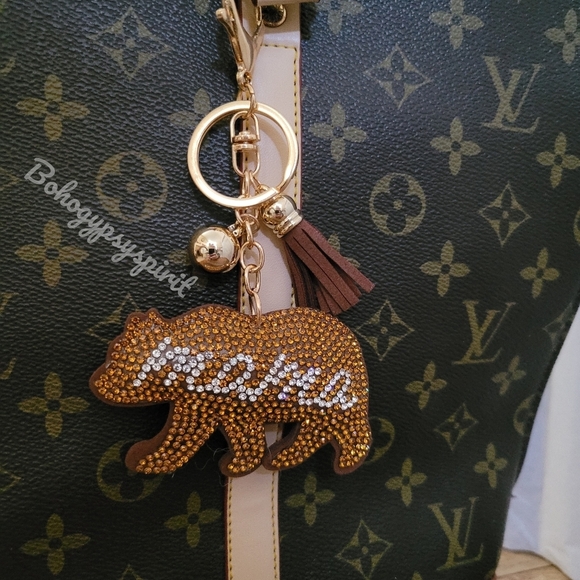 Bling Mama Bear Crystal Rhinestone Keychain Bag Charm With Tan Tassel - Picture 6 of 15